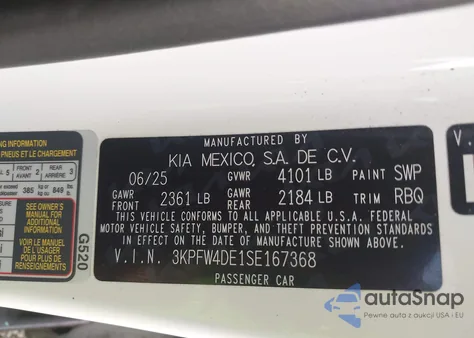 2025 Kia K4 Gt-Line z USA, uszkodzony, nr VIN 3KPFW4DE1SE167368